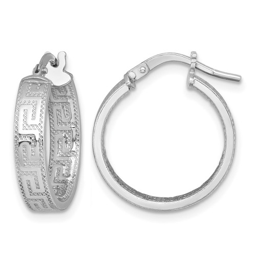 Sterling Silver Rhodium-Plated Polished Textured In and Out Greek Key 4.00 x 18 mm Hoop Earrings, 20 mm Long