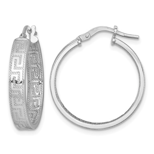 Sterling Silver Rhodium-Plated Polished Textured In and Out Greek Key 4.00 x 23 mm Hoop Earrings, 26 mm Long