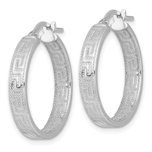 Sterling Silver Rhodium-Plated Polished Textured In and Out Greek Key 4.00 x 23 mm Hoop Earrings, 26 mm Long - View 2