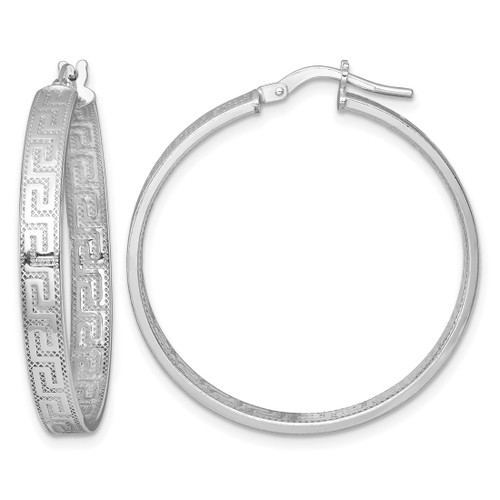 Sterling Silver Rhodium-Plated Polished Textured In and Out Greek Key 4.00 x 33 mm Hoop Earrings, 35.5 mm Long