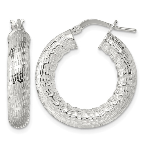 Sterling Silver Polished and Textured 5.25 mm Round Tube Hoop Earrings, 27 mm Long