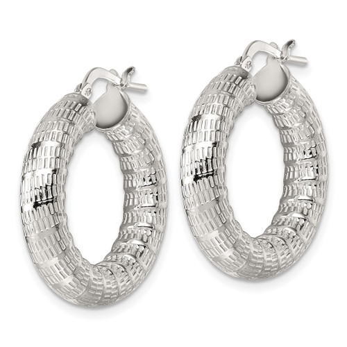 Sterling Silver Polished and Textured 5.25 mm Round Tube Hoop Earrings, 27 mm Long - View 2