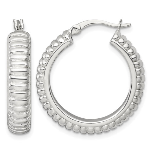 Sterling Silver Polished and Grooved 26 x 6 mm Round Hollow Hoop Earrings, 26 mm Long