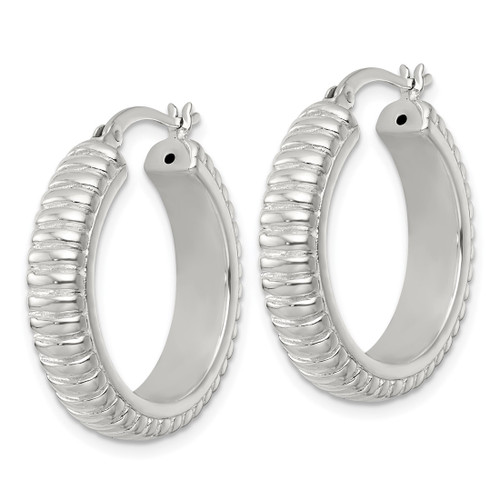 Sterling Silver Polished and Grooved 26 x 6 mm Round Hollow Hoop Earrings, 26 mm Long - View 2