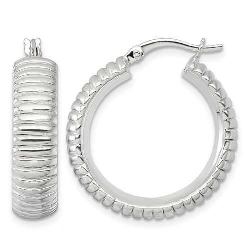 Sterling Silver Polished and Grooved 26 x 7 mm Round Hollow Hoop Earrings, 26 mm Long