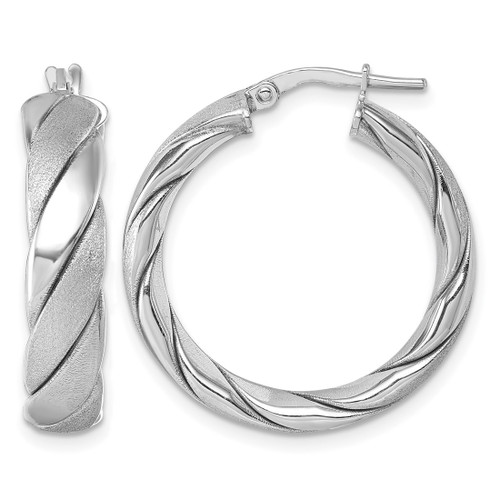 Sterling Silver Rhodium-Plated Polished and Scratch Finish 6.0 x 26 mm Twisted Round Tube Hoop Earrings, 27.5 mm Long