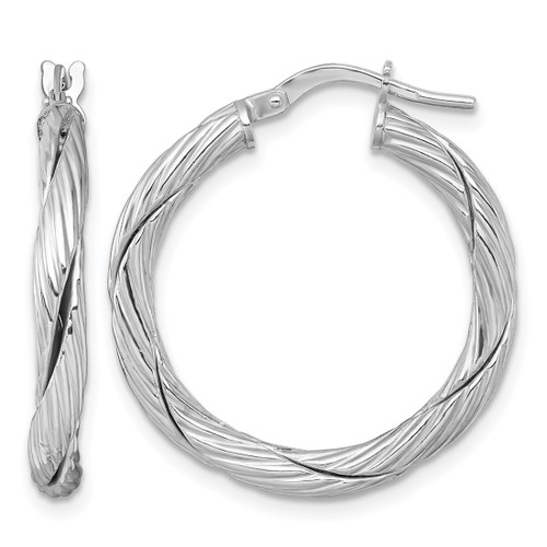 Sterling Silver Rhodium-Plated Polished Textured and Twisted 3.00 x 25 mm Round Hoop Earrings, 27 mm Long