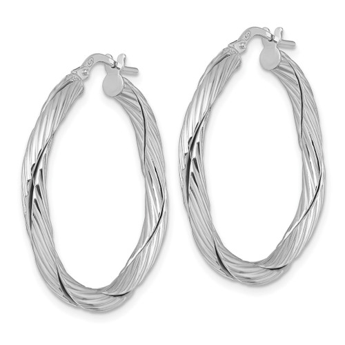 Sterling Silver Rhodium-Plated Polished Textured and Twisted 3.00 x 30 mm Round Hoop Earrings, 33 mm Long - View 2