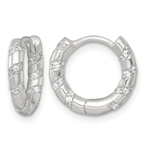Sterling Silver Polished Cubic Zirconia Round Hinged Hoop Earrings, 13.1 mm