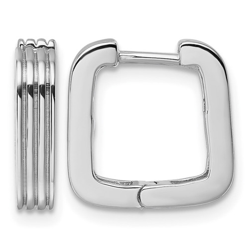 Sterling Silver Rhodium-Plated Polished And Grooved 3.5 mm X 14 mm Square Hinged Hoop Earrings, 14.25 mm Long
