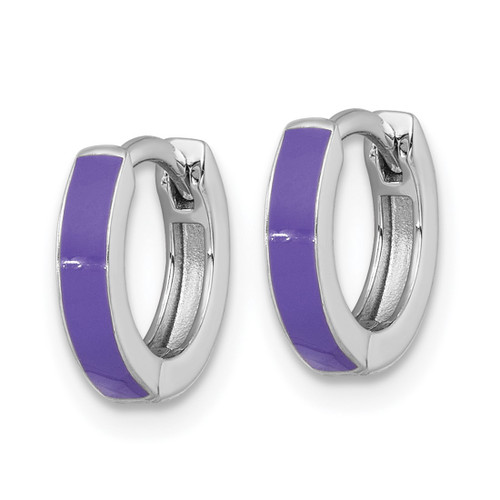 Sterling Silver Rhodium-Plated Polished Purple Enameled Hinged Round Hoop Earrings, 11 mm - View 2