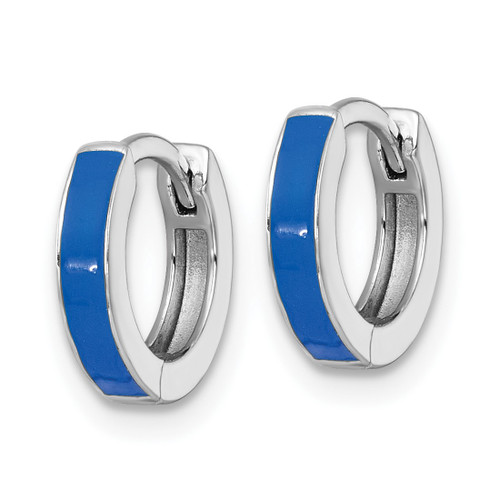 Sterling Silver Rhodium-Plated Polished Blue Enameled Hinged Round Hoop Earrings, 11 mm - View 2
