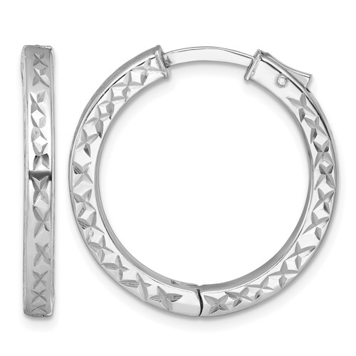 Sterling Silver Rhodium-Plated Polished Diamond-Cut 3 x 28 mm with Safety Lock Hinged Square Tube Hoop Earrings
