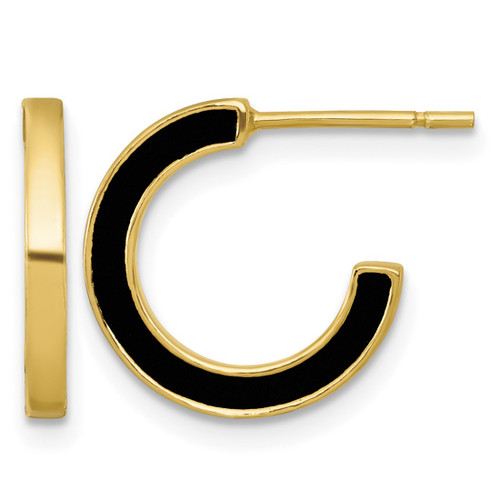 Sterling Silver Gold-Tone Polished Black Enamel 15 x 2 mm Post C-Hoop Earrings, 15 mm Long