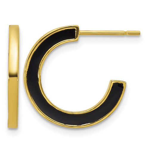 Sterling Silver Gold-Tone Polished Black Enamel 18 x 2 mm Post C-Hoop Earrings, 18 mm Long