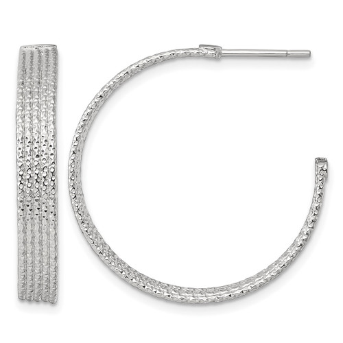 Sterling Silver Polished and Textured 30 x 4.5 mm Post C-Hoop Earrings, 30 mm Long