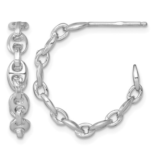 Sterling Silver Rhodium-Plated 4 mm X 23 mm Puffed Anchor/Mariner Link C-Hoop Post Earrings, 24.5 mm Long
