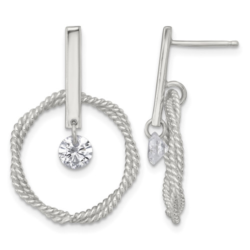 Sterling Silver Polished Twisted Circle with Moveable White Cubic Zirconia Dangle Earrings, 29.3 mm