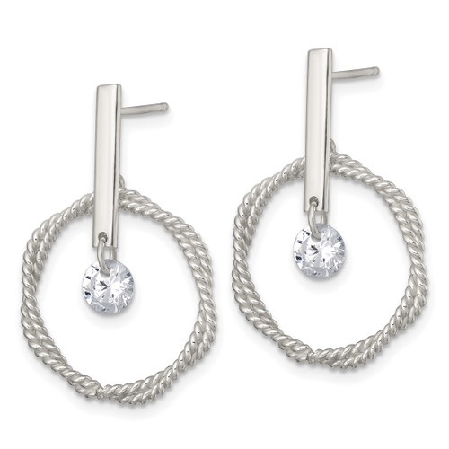 Sterling Silver Polished Twisted Circle with Moveable White Cubic Zirconia Dangle Earrings, 29.3 mm - View 2
