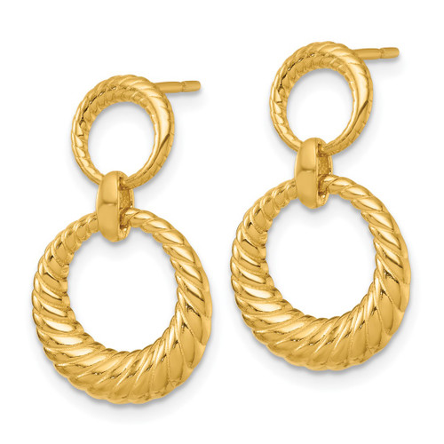 Sterling Silver Gold-Tone Polished and Grooved Double Circle Doorknocker Post Dangle Earrings, 24.7 mm - View 2