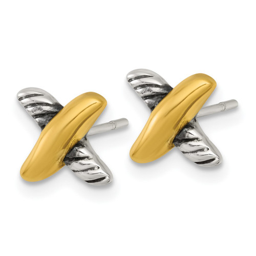 Sterling Silver and Gold-Tone Polished and Antiqued X Stud Earrings, 8.9 mm - View 2