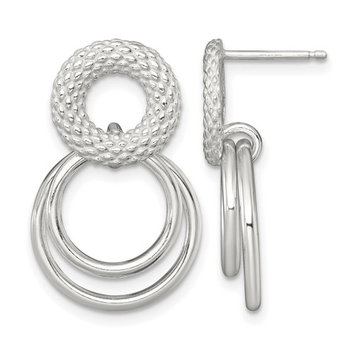 Sterling Silver Polished and Textured Double Circle Dangle Earrings, 25.5 mm
