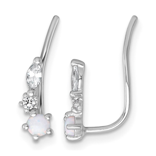 Sterling Silver Rhodium-Plated Polished Cubic Zirconia and Lab-Created Opal Ear Climber Earrings, 17.9 mm