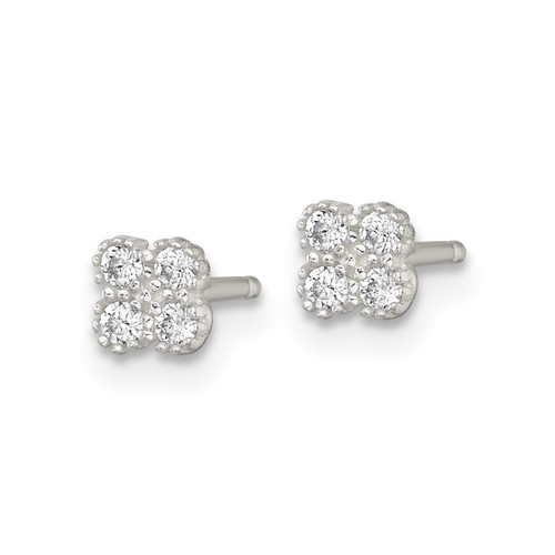 Sterling Silver Polished Textured 4.3 mm Quatrefoil Cubic Zirconia Petite Stud Earrings, 11.75 mm Long - View 2