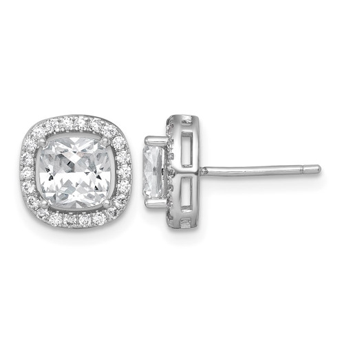 Sterling Silver Rhodium-Plated Polished 10.0 mm Cushion Cubic Zirconia Halo Stud Earrings, 15.15 mm Long