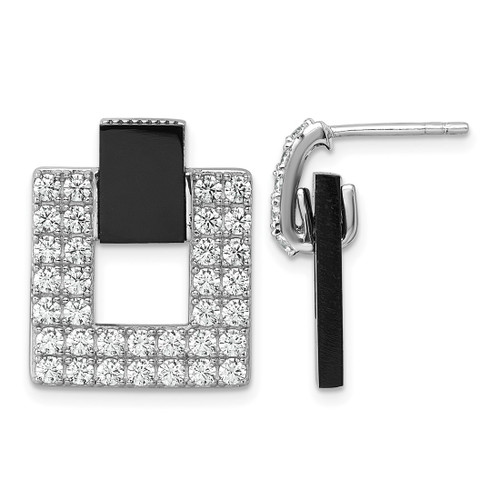 Sterling Silver Rhodium-Plated Polished Cubic Zirconia and Black Agate Square Dangle Mis-Matched Post Drop Earrings, 19.75 mm