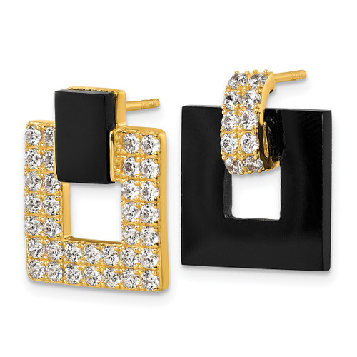 Sterling Silver Gold-Tone Polished Cubic Zirconia and Black Agate Square Dangle Mis-Matched Post Drop Earrings, 19.7 mm - View 2
