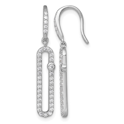 Sterling Silver Rhodium-Plated Polished Cubic Zirconia Elongated Link Dangle Shepherd Hook Drop French Wire Earrings, 33.6 mm