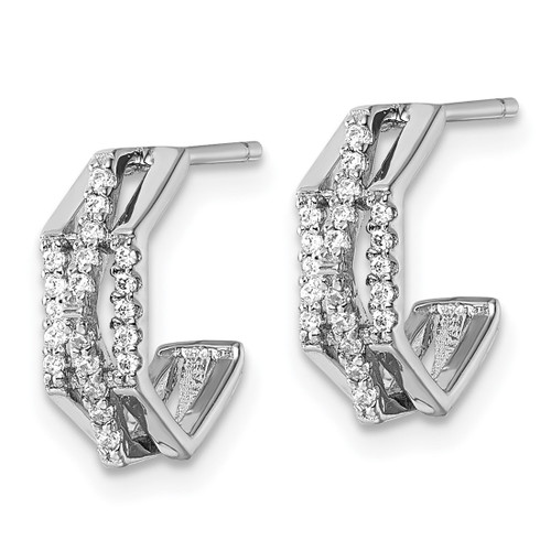 Sterling Silver Rhodium-Plated Cubic Zirconia 3-Row Polished J-Hoop Post Earrings, 13.3 mm - View 2