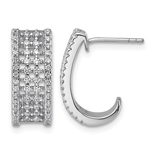 Sterling Silver Rhodium-Plated Pave Cubic Zirconia J-Hoop Post Earrings, 18.1 mm