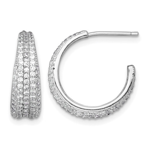 Sterling Silver Rhodium-Plated Polished and Tapered Pave Cubic Zirconia C-Hoop Post Earrings, 18 mm