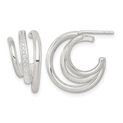 Sterling Silver Polished Cubic Zirconia 3-Row C-Hoop Post Earrings, 17.9 mm