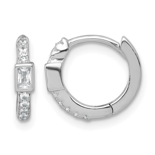 Sterling Silver Rhodium-Plated Polished Round and Emerald-Cut Cubic Zirconia Round Hinged Hoop Earrings, 11.8 mm