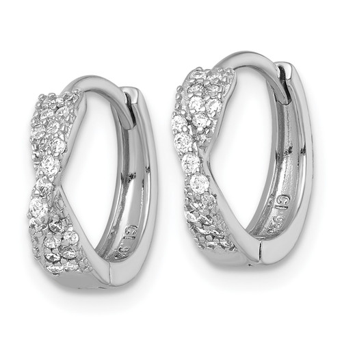 Sterling Silver Rhodium-Plated Polished Cubic Zirconia -X- Round Hinged Hoop Earrings, 13 mm - View 2