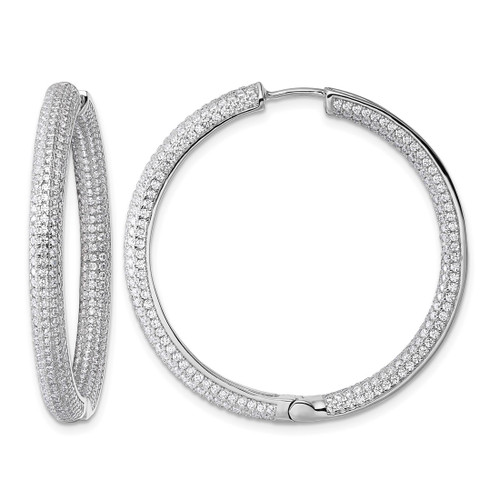Sterling Silver Rhodium-Plated In and Out Cubic Zirconia Pave 3.7 x 39 mm Hinged Hoop Earrings, 39.1 mm Long