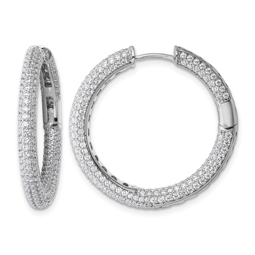 Sterling Silver Rhodium-Plated In and Out Cubic Zirconia Pave 3.1 x 29 mm Hinged Hoop Earrings, 29.3 mm Long