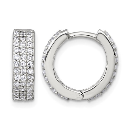 Sterling Silver Polished 16 x 4.5 mm 3-Row Cubic Zirconia Hinged Round Hoop Earrings, 14.3 mm Long