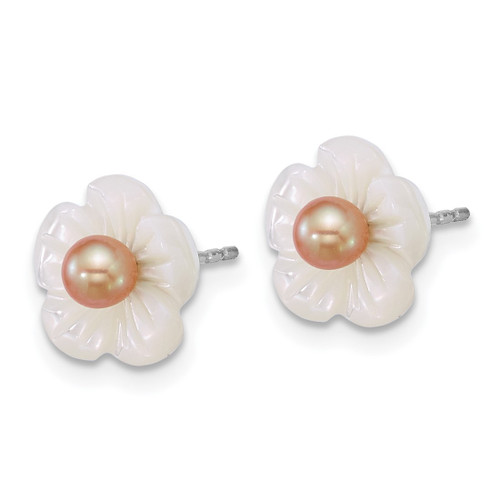 Sterling Silver Rhodium-Plated 3-4 mm Pink Round Cultured Freshwater Pearl and White Mother of Pearl Flower Stud Earrings, 9.5 mm Long - View 2
