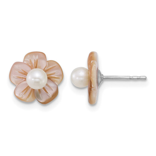 Sterling Silver Rhodium-Plated 3-4 mm White Round Cultured Freshwater Pearl and Pink Mother of Pearl Flower Stud Earrings, 9.7 mm Long