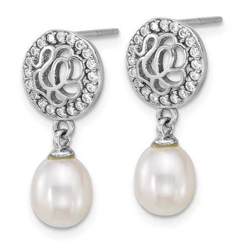 Sterling Silver Rhodium-Plated 6-7 mm Rice White Cultured Freshwater Pearl and Cubic Zirconia Dangle Earrings, 22.4 mm Long - View 2