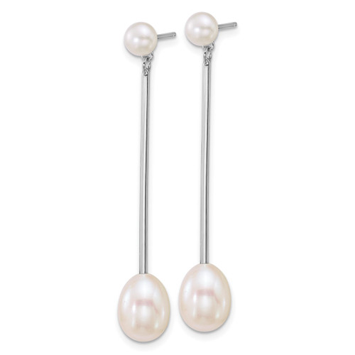 Sterling Silver Rhodium-Plated 5-6 mm Button and 7-8 mm Teardrop White Cultured Freshwater Pearl and Bar Dangle Post Earrings, 47.9 mm Long - View 2