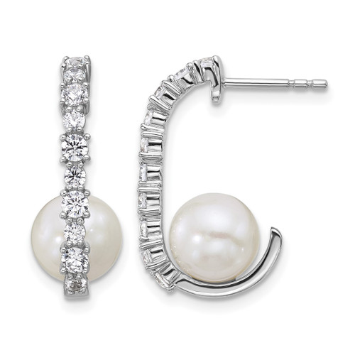 Sterling Silver Rhodium-Plated Polished Cubic Zirconia and 7-8 mm Round White Cultured Freshwater Pearl J-Hoop Post Drop Earrings, 22.6 mm Long