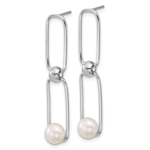 Sterling Silver Rhodium-Plated 6-7 mm Button White Cultured Freshwater Pearl and Long Link Dangle Earrings, 40.7 mm Long - View 2