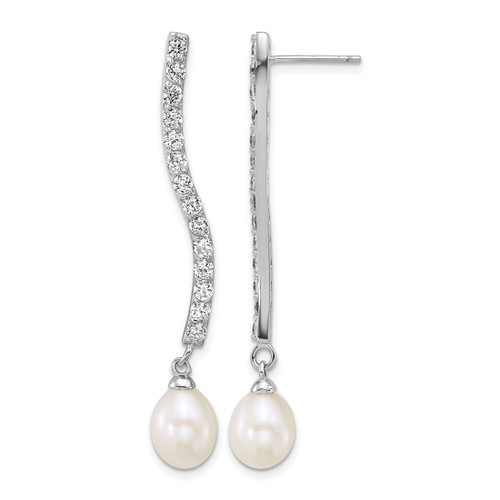 Sterling Silver Rhodium-Plated 7-8 mm Teardrop White Cultured Freshwater Pearl and Cubic Zirconia Dangle Post Earrings, 53 mm Long