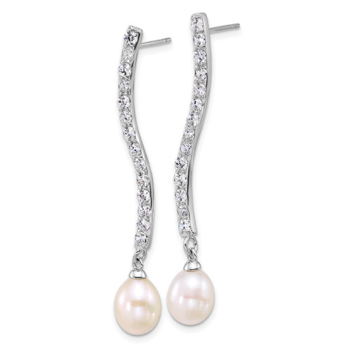Sterling Silver Rhodium-Plated 7-8 mm Teardrop White Cultured Freshwater Pearl and Cubic Zirconia Dangle Post Earrings, 53 mm Long - View 2
