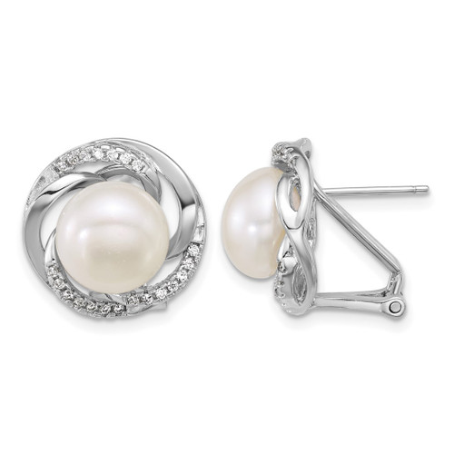Sterling Silver Rhodium-Plated 9-10 mm Button White Cultured Freshwater Pearl and Cubic Zirconia Omega Back Stud Earrings, 15.8 mm Long
